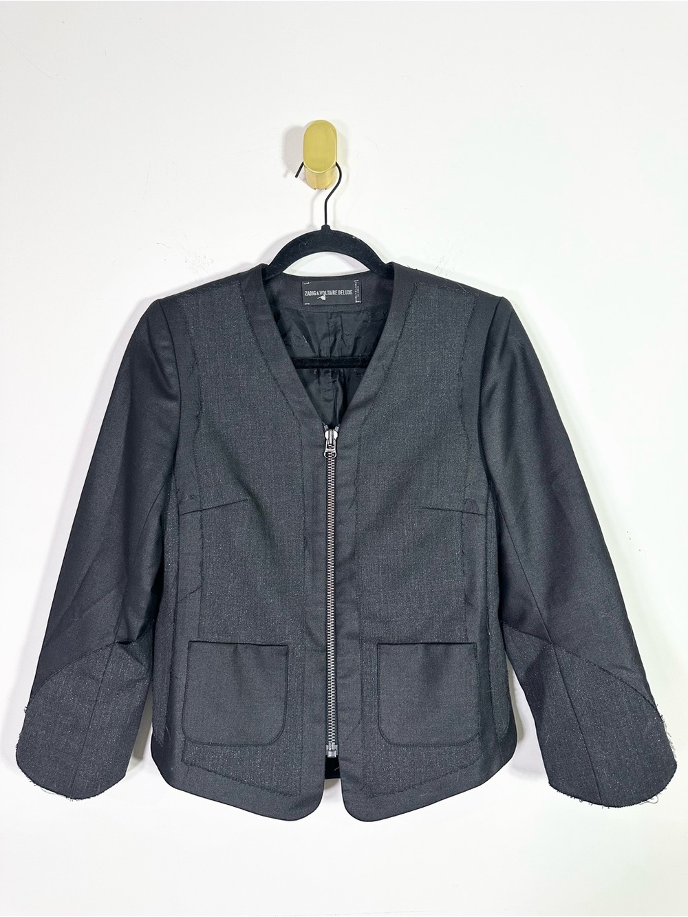 Zadig & Voltaire Deluxe Raw Seam Metallic Charcoal Gray Zip Up Blazer Jacket